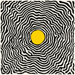 Aufkleber - Abstract vector illustration featuring a yellow circle at the center, surrounded by wavy black lines in a hypnotic, organic Op Art style, reflecting today's trending retro and psychedelic aesthetics.