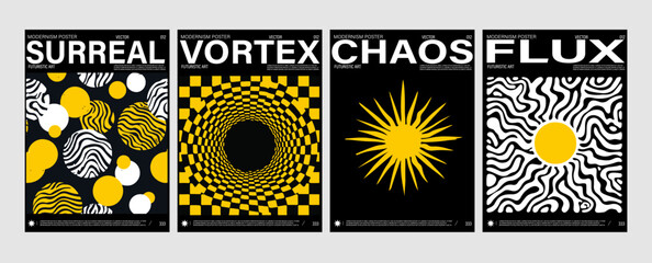 Aufkleber - Vector posters feature bold, high-contrast geometric and abstract forms in striking yellow, black, and white. The artwork reflects the current neo-modernist trend in graphic design.