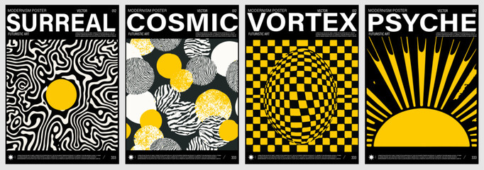 Aufkleber - Vector posters feature bold, high-contrast geometric and abstract forms in striking yellow, black, and white. The artwork reflects the current neo-modernist trend in graphic design.