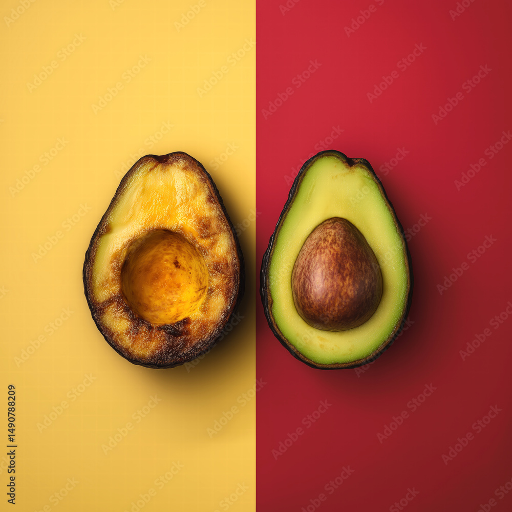Avocado cut in half. Fresh vs rotten. Good vs bad concept. Antioxidant ...