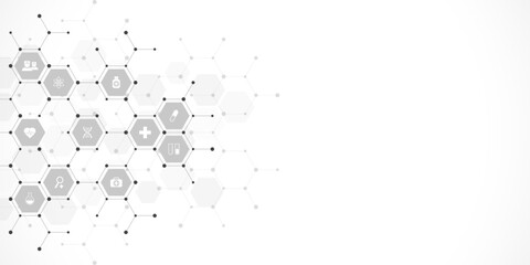 Aufkleber - Medical background and healthcare technology with flat icons and symbols. Concept and idea for health care business, innovation medicine, health safety, science, medical research, and development.