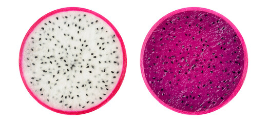 Wall Mural - two cross sections of white and purple fleshed dragonfruits cut out