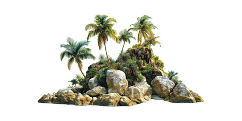 Wall Mural - tropical island with palm trees and rocks. exotic nature and vacation concept isolated on transparen