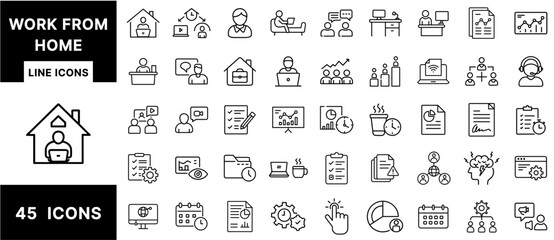 Poster - Work from Home Line Icons – Remote Office, Virtual Meeting, Laptop, Home Workspace, Productivity Tools, Online Collaboration, Desk Setup, Communication