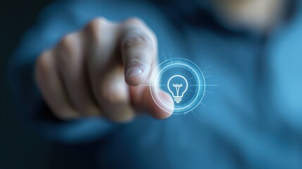 Wall Mural - man illuminates innovation, touchscreen interaction activates a bright light bulb of new ideas