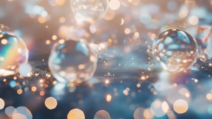 Wall Mural - a close-up of colorful water droplets and sparkles reflecting light with soft rainbow effects on a s