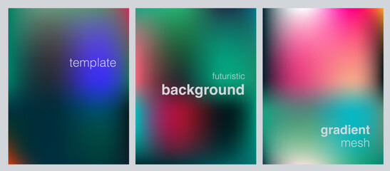 Poster - Vector set of abstract backgrounds with soft gradient meshes in green, blue, and pink tones. Smooth, blurry effect for modern graphic design, web, branding, or presentation templates and covers.