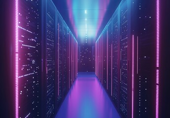Poster - Symmetrical server corridor illuminated with purple and cyan lights reflecting on the floor, perfect for themes on futuristic cloud computing, digital systems, or cyber tech