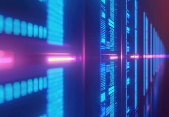 Poster - Close-up view of glowing server panels with bright blue and pink lights in a futuristic corridor, ideal for cloud infrastructure, data technology, or digital innovation concepts