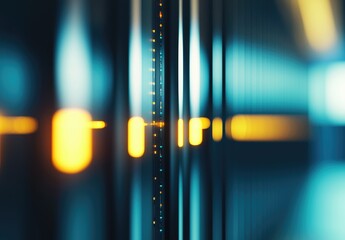 Poster - Abstract close-up of server racks with yellow and blue lights creating a blurred, futuristic ambiance, ideal for cloud infrastructure, network, or data security visuals