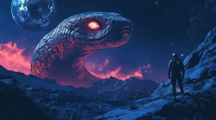 mysterious giant serpent dominates alien landscape under night sky with celestial and a lone astrona