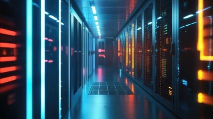 Poster - Futuristic data center corridor with illuminated server racks and colorful lights, ideal for technology, cloud computing, cybersecurity, and infrastructure content