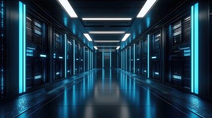 Poster - Modern data center with symmetrical blue-lit server racks and reflective flooring, perfect for illustrating cloud storage, networking, and digital infrastructure concepts