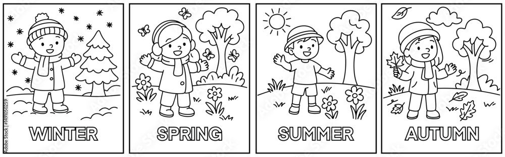 Educational black and white coloring sheet divided into four squares ...