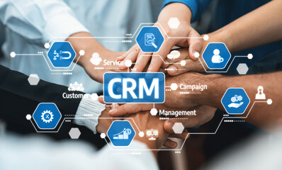 Fototapete - Group of diverse office worker join hand together in office room symbolize business synergy and strong productive teamwork in workplace. Cooperation and unity between business employee. Prudent Amity