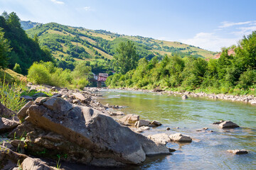 Wall Mural - river flows through the valley in carpathian mountains. vacation season. shallow water reveals stone