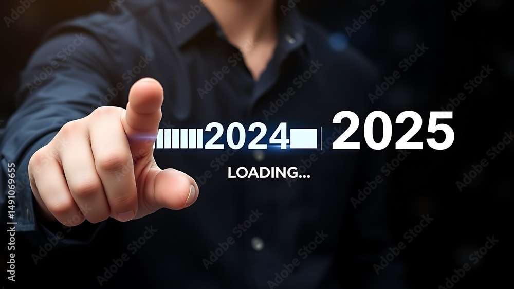 Progress bar loading from 2024 to 2025 with human finger indicating the ...