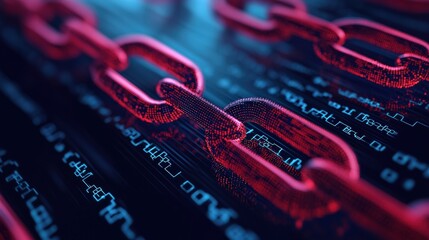 Digital chain made of glowing red particles over abstract data background. Blockchain technology and cyber security concept.