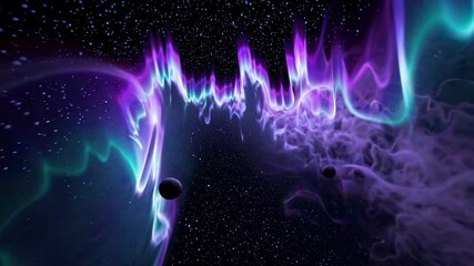 Wall Mural - a mesmerizing video of colorful auroras in space, captured from a low-angle perspective, showcasing 