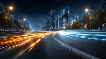 Poster - Curved city road with glowing light trails at night in modern skyline showing urban speed, futuristic energy and night traffic flow, Generative AI