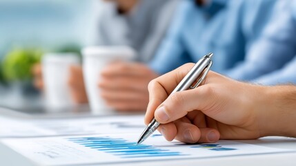 Poster - Close-up of hand writing with pen on business chart during financial planning and data analysis session in office meeting, Generative AI