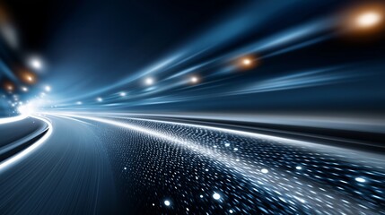 Aufkleber - Curved futuristic road at night with glowing digital light trails symbolizing high-speed data, motion and abstract energy flow, Generative AI