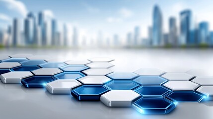 Leinwandbilder - Blue hexagonal surface in front of a smart city skyline representing futuristic urban planning, clean tech and modern architectural concepts, Generative AI