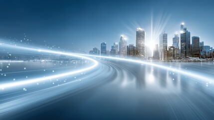 Aufkleber - Futuristic city skyline with glowing light trails representing smart urban development, speed and digital progress in infrastructure, Generative AI