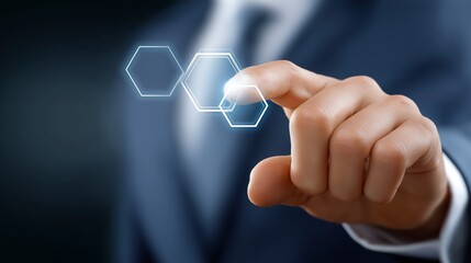 Aufkleber - Businessman interacts with futuristic glowing hexagonal interface representing innovation, smart control and digital technology access, Generative AI