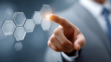Aufkleber - Businessman interacts with futuristic glowing hexagonal interface representing innovation, smart control and digital technology access, Generative AI