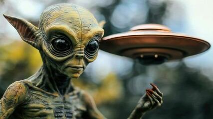 Canvas Print - a depiction of an extraterrestrial being next to its spacecraft, ideal for sci-fi or futuristic them