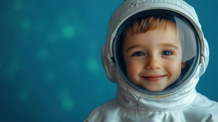 Wall Mural - a young child dressed as an astronaut smiling with joy, suitable for space-themed illustrations, edu