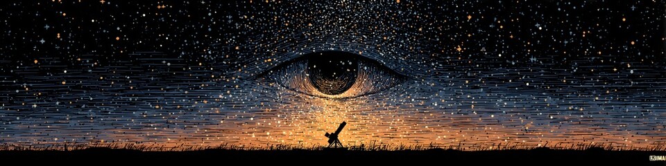 Wall Mural - Stargazing Under Cosmic Eye: An individual gazes up at a celestial spectacle. A captivating scene featuring a person looking up at a giant eye superimposed on a starlit sky.
