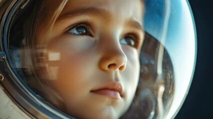 Wall Mural - a young girl in a space suit looks out the window of a spacecraft, with stars and planets visible ou