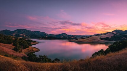 Aufkleber - Lake Reflection at Colorful Sunset, Ideal for Serene Getaways and Outdoor Recreation Promotion, Featuring Calmness and Natural Beauty : Generative AI