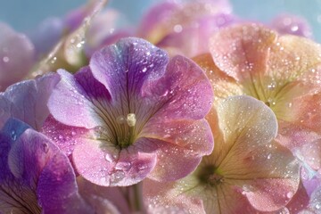 Poster - Close-Up of Dew-Kissed Petunia Flowers in Pastel Colors, Symbolizing Beauty and Delicate Renewal : Generative AI