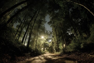 Poster - Path Through Forest at Night Under Streetlights, Representing Serenity and Nature Escape for Wellness and Mental Health : Generative AI