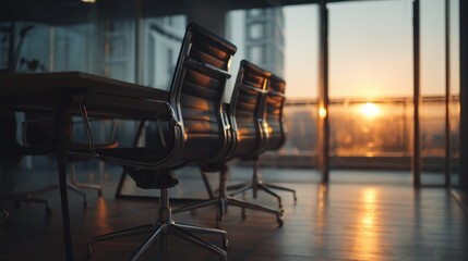 Leinwandbilder - Empty Conference Room Chairs at Sunset, Representing Corporate Strategy and Business Meeting Spaces for Recruitment Campaigns : Generative AI