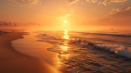 Poster - Golden Sunrise Over Ocean Waves on Sandy Beach, Representing Coastal Serenity and Summer Vacation Getaway : Generative AI