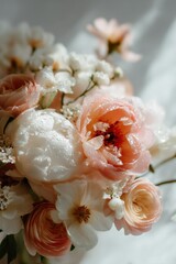 Poster - Close-Up of a Bouquet of Pink and White Flowers With Water Droplets, Symbolizing Romance and Wedding Celebration : Generative AI