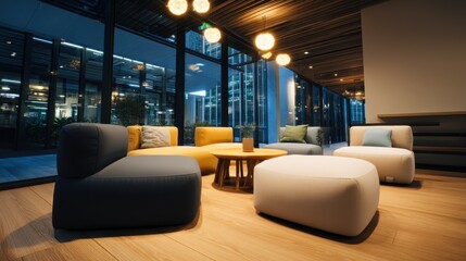 Aufkleber - Modern Office Lounge Area With Colorful Furniture, Representing Workplace Collaboration and Employee Comfort : Generative AI