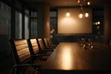 Fototapete - Empty Conference Room With Long Table and Leather Chairs, Emphasizing Corporate Strategy and Business Meeting Space : Generative AI