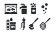© Александр Михайлюк - Solid style icons of fish and aquarium care: aquarium tank, water filter, fish flakes, air bubble icon, pH test strip, heater icon, algae scraper, fish net.
