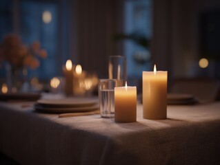 Poster - Elegant Table Setting With Lit Candles at Dusk, Representing Intimate Gatherings and Romantic Occasions, Perfect for Lifestyle and Hospitality Marketing : Generative AI