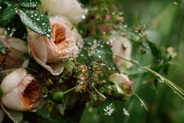 Poster - Close-Up of a Bouquet of Roses Covered in Water Droplets, Evoking Romance and Celebration, Perfect for Wedding Invitations and Anniversary Cards : Generative AI