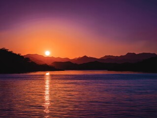 Aufkleber - Vibrant Sunset Over Mountain Lake, Reflecting Serenity and Peaceful Escape for Travel and Tourism Promotion : Generative AI