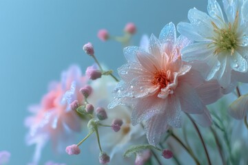 Aufkleber - Pastel Dahlias With Water Droplets Against Soft Blue, Symbolizing Purity and Floral Beauty for Wedding Invitations and Springtime Promotions : Generative AI