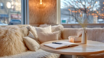 Poster - Cozy Winter Cafe Scene With Open Notebook on Table, Representing Relaxation and Creative Writing Inspiration for Seasonal Marketing Campaigns : Generative AI