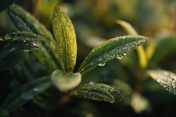 Aufkleber - Close-Up of Green Leaves Covered in Dew Drops, Representing Freshness and Environmental Awareness for Sustainable Living and Natural Beauty Products : Generative AI