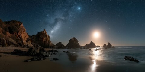 Aufkleber - Milky Way Over Rocky Coastline at Night, Showcasing Natural Beauty and the Wonders of Exploration, Perfect for Travel and Adventure Campaigns : Generative AI